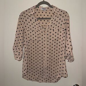 Long sleeved, cream colored, polka dot, button up blouse from Express